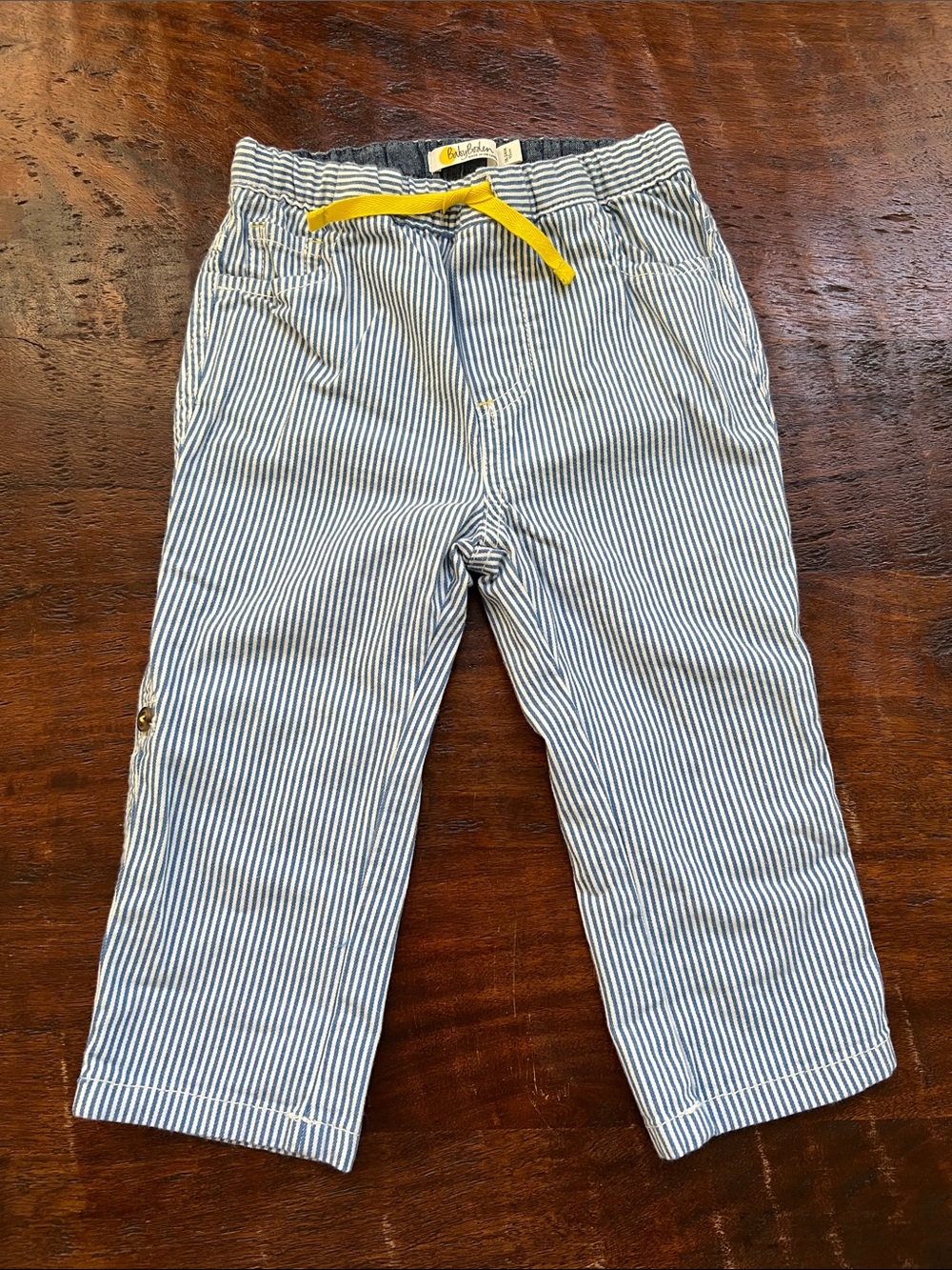 Boden Blue and White Striped Roll-up Hemline Joggers with Yellow Drawcord
